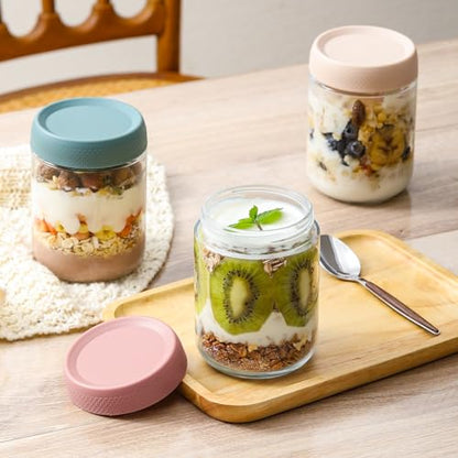 NETANY 6-pack 16 oz Overnight Oats Containers with Lids, Glass jars with Airtight Lids, Wide mouth Mason Salad jars, Glass Food Storage Containers for Snacks Yogurt Spice Sugar - color: Multicolor- 16 oz (6 Pack)