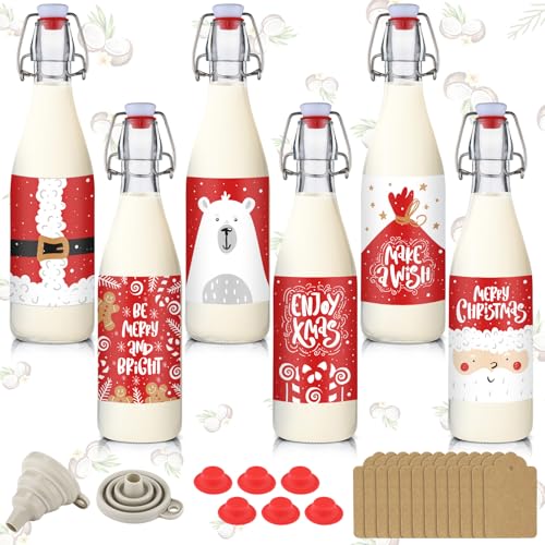 Sieral 6 Set Coquito Bottles 16 oz Christmas Swing Top Glass Bottles Flip Top Brewing Bottle for Vanilla Extract Homemade with Christmas red Label Stickers Home Brewing Coquito Beverages Liqueur - color: Christmas Red