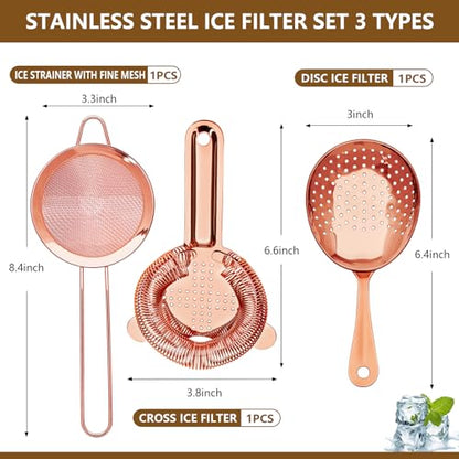 Cocktail Strainer-Stainless Steel Bar Tools Bartender Cocktail Strainer Set:Hawthorne Strainer,Julep Strainer and Conical Fine Mesh Strainer (Rose Gold) - color: Rose Gold