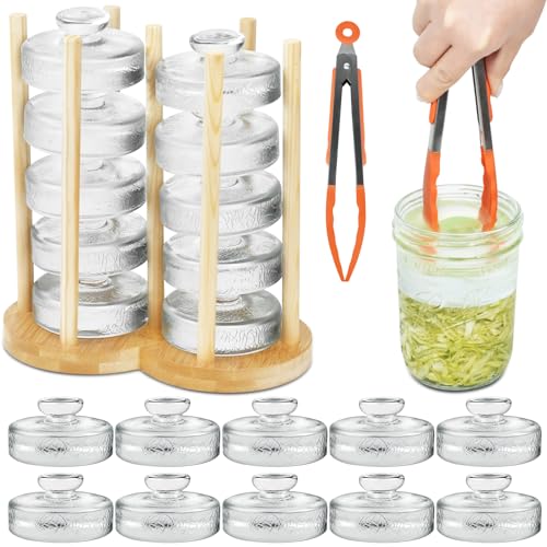 Artcome 10-Pack Glass Fermentation Weights with Easy Grip Handle and Unique Texture Design for Large Wide Mouth Mason Jars - Pickle Pebbles with Glass Weights Organizer - Space Saving Compact Design - size: glass weights 10pc + holder 1pc + tongs x 1pc