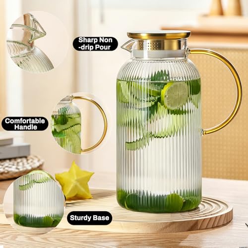 Buaic 2 PACK Glass Pitcher with Lid, 84oz/2.5L Liter Classic Vertical Stripes Water Pitcher,Glass Water Carafe for Cold Brew, Coffee, Lemonade, Iced Tea,Sun Tea, Beverage, Heat Resistant - color: Clear, size: 2.5L-2 PACK