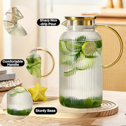 Buaic 2 PACK Glass Pitcher with Lid, 84oz/2.5L Liter Classic Vertical Stripes Water Pitcher,Glass Water Carafe for Cold Brew, Coffee, Lemonade, Iced Tea,Sun Tea, Beverage, Heat Resistant - color: Clear, size: 2.5L-2 PACK