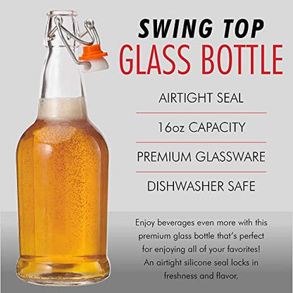 Clear Glass Bottles for Beer With Swing Top Lids - 6 Pack 16 Oz – Home Brewing Grolsch Glass Bottles with Caps – Airtight Rubber Silicone Lid for Kombucha, Homemade Dressing & More by Kitchen Lux