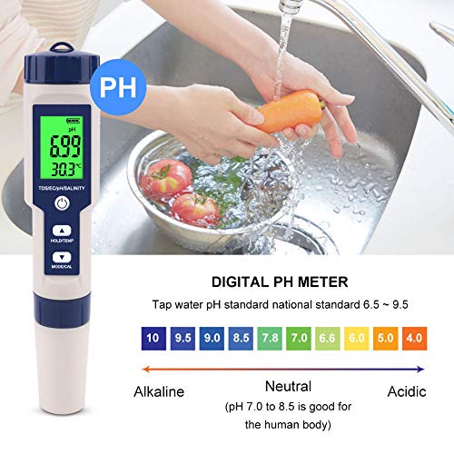 PH Meter for Water 5 in 1 PH Temp TDS and EC Meter,Salinity Meter,PH Tester Digital,TDS Meter Digital Water Tester&Pool Salt Tester for Swimming Pool. - size: 5 in 1