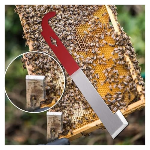 MUSM 26.67cm Beekeeping J-Type Hook Tool, Steel Hive Scraper for Frame Prying, Propolis Removal, and Hive Box Separation, Red Handle