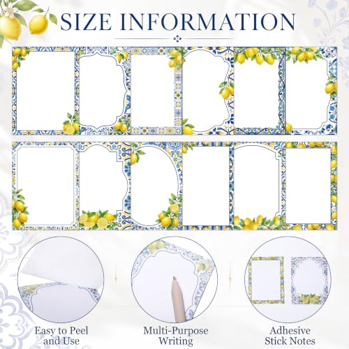 Chiisong 12 Pads Capri Lemon Sticky Notes 3 x 4 Inches Blue Tiles Yellow Adhesive Memo Pads Reminder Decor Mediterranean Amalfi Coast Notepads for Journal Office Summer Birthday Wedding Gifts - style: Capri Lemon