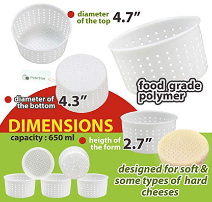 PetriStor 5 pcs Soft Cheese Mold for Cheese Making 0.7QT - Small Cheese Molds - Homemade Cheese Making Supplies - Cream Cheese Form Mold - Molde Para Queso Fresco Casero
