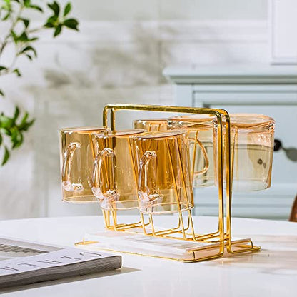Metal Cup Drying Rack with 6 Hooks | Bottle Drying Rack with Drain Tray,Coffee Mug Holder,Mug Organizer Golden - color: Gold