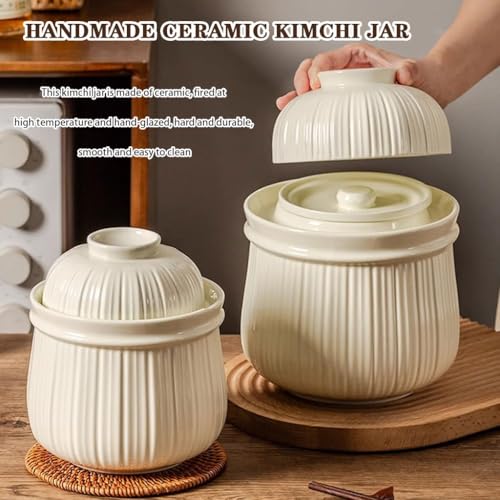Simple Vertical Striped Kimchi Jar, Water Seal Design Pickling Crock, Thickened Ceramic Fermentation Jar, Grain Storage Vessel