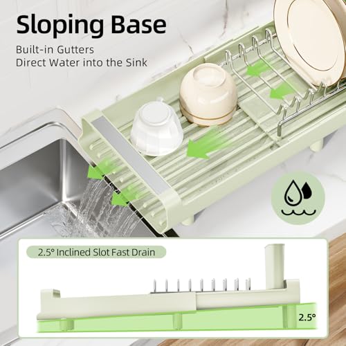 TOOLF Small Dish Drying Rack, Mini Expandable Compact Dish Rack, Slim Extendable Stainless Steel Dish Drainer for Kitchen Countertop, Space Saving Dish Strainer, Soft Celery Green - color: Soft Celery Green