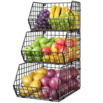 3-Tier Stackable Wire Baskets for Counter, Fruit and Vegetable Storage, Potato and Onion Storage Bin，Kitchen Pantry Organizer - Wall Basket for Produce/Snack/Can, Black - size: 3-tier Large