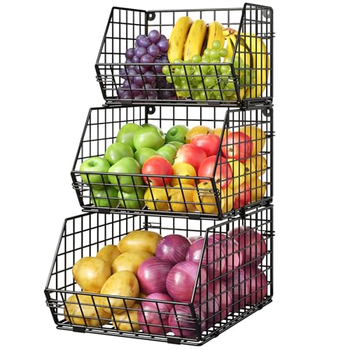 3-Tier Stackable Wire Baskets for Counter, Fruit and Vegetable Storage, Potato and Onion Storage Bin，Kitchen Pantry Organizer - Wall Basket for Produce/Snack/Can, Black - size: 3-tier Large