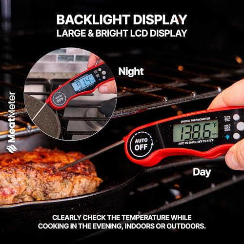Digital Meat Thermometer for Grill/Cooking Fast Instant Read Waterproof Magnetic Probe Thermometer w/Backlight and Display for Kitchen, BBQ, Frying, etc. Chicken, Steak,or Burgers, Red