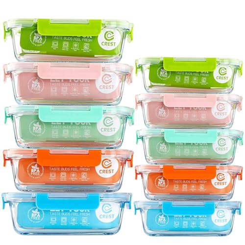 C CREST [10-Pack Glass Food Storage Containers (A Set of Five Colors), Meal Prep Containers with Lids for Kitchen, Home Use - Airtight Glass Lunch Boxes - color: Multicolor
