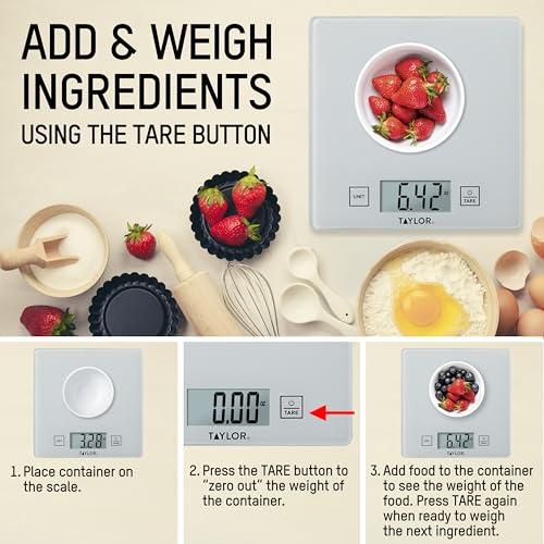 Taylor Compact Glass Kitchen Food Scale, 11 lb Capacity Digital Scale for Baking, Cooking, Meal Prep, Portion Control, Thin Lightweight Design, Easy-to-Read Display, White