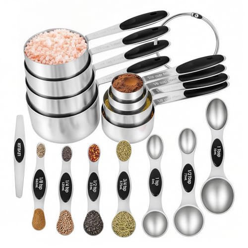 16 Pieces Measuring Cups and Magnetic Measuring Spoons Set Stainless Steel,8 Measure Cups with Silicone Handle and 7 Double Sided Magnetic Measure Spoons & 1 Leveler