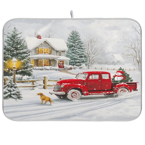 Christmas Red Truck Dish Drying Mat for Kitchen Counter Winter Snowman Snowflakes Microfiber Drying Mats Absorbent Dish Pad Drainer Rack Mats Decors Coffee Bar Mat Medium 16x18 inch - color: christmas tree red truck, size: 18" x 16"