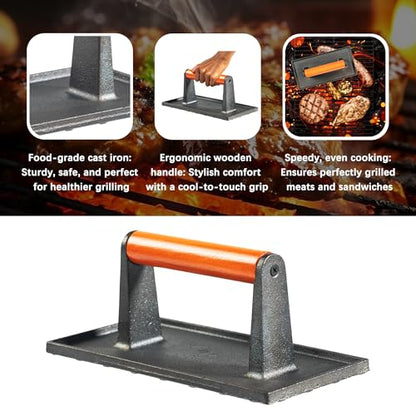 vivicreate Bacon Press, Griddle Press, Grill Press, Meat Press, cast Iron Grill Press, cast Iron Griddle, Iron Press, cast Iron Material with Wooden Handle - size: rectangle