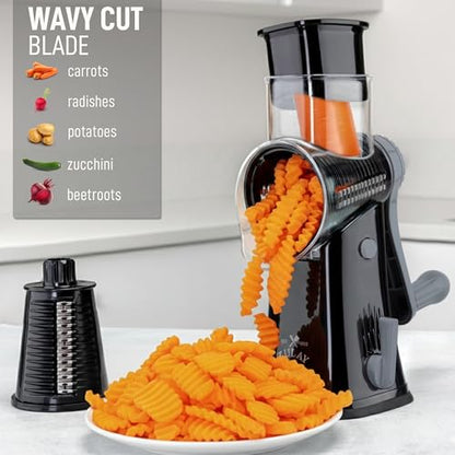 Zulay Kitchen Rotary Cheese Grater 5 Blade Cheese Shredder - Manual Hand Crank Cheese Grater With Reinforced Suction & 5 Interchangeable Drums - Easy to Use, Vegetable Chopper Round Mandoline Slicer - color: Black Gray