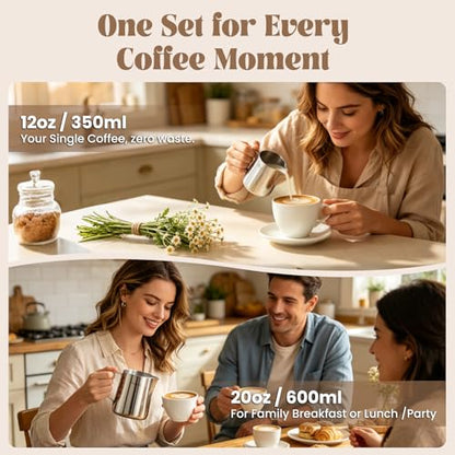Milk Frothing Pitcher Set, Dailyart 12oz/350ml and 20oz/600ml Milk Frother Cup 304 Stainless Steel, Dripless Spout&Internal Scale - Barista Milk Steamer Cup Latte Art Tools for Home, Coffee Shops - size: 12 Ounces + 20.3 Ounces