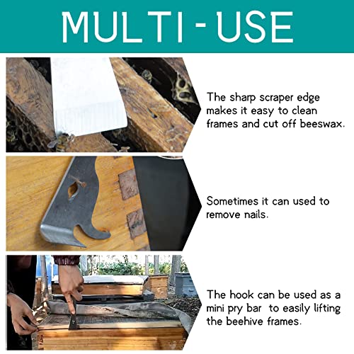 3 in 1 Stainless Steel Bee Hive Tool with J Hook, 1 Pcs Bee Hive Scraper for Lifting Frames Beekeeping Tools Bee Hive Box Scraper Knife for Beekeepers, Beekeeping Hive Tool Equipment