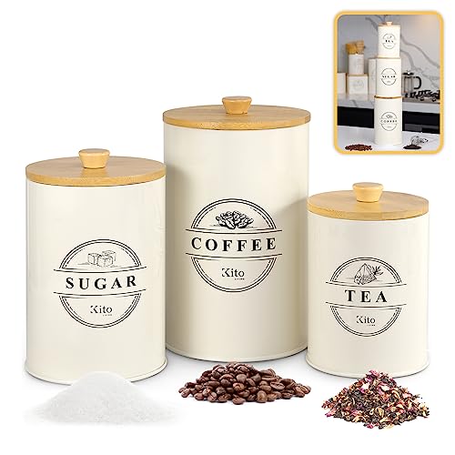 Kito LIVING Canisters Sets for Kitchen Counter Storage and Organization with Wooden Bamboo Lids, Food Pantry Containers, Stackable Steel Storage Bins, Airtight Sugar Tea Coffee Canisters - Cream - color: Cream, style: Coffee, Sugar, Tea