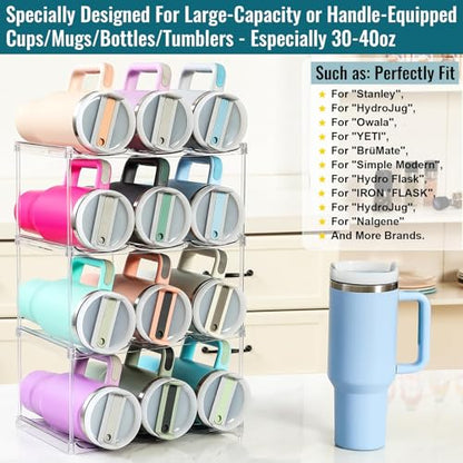 Design for Stanley 40 OZ & Large Bottles & Tumblers with Handle, Acrylic Water Bottle Organizer - Stackable Clear Wine Rack, Cup Holder for Home Kitchen Pantry Shelf Countertop Cabinet, 4 Tier Hold 12 - size: 4 Tier for 12