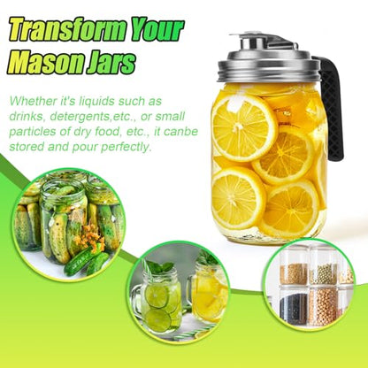 Mason Jar Pour Spout Lid Stainless Steel with Handle, Wide Mouth Pour Spout Flip Cap Lids for Mason Jars, Anticracking Leak Proof Seal Cover Airtight for Drinking Salad Dressing & Food Storing(4PCS) - style: Wide Mouth Stainless Steel Lid with Handle 4 PC
