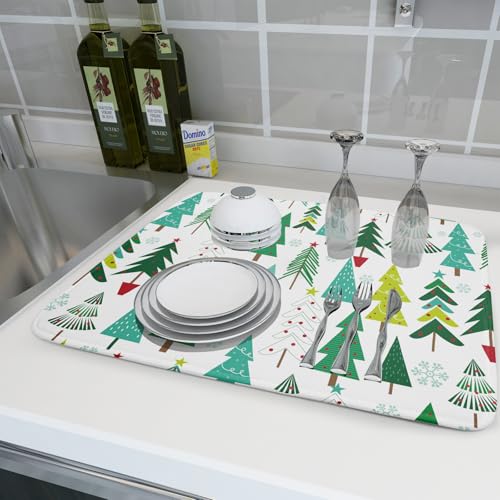 Green Trees Dish Drying Mat for Kitchen Counter Holiday Super Absorbent Reversible Microfiber Kitchen Countertop Protector Dishes Pad Large 18x24 inch - size: 24" x 18"
