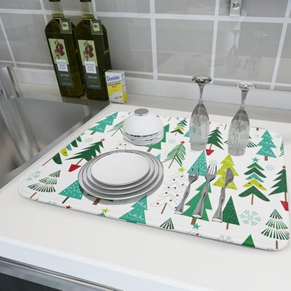 Green Trees Dish Drying Mat for Kitchen Counter Holiday Super Absorbent Reversible Microfiber Kitchen Countertop Protector Dishes Pad Large 18x24 inch - size: 24" x 18"