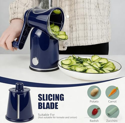 Rotary Cheese Grater with Handle: 5-in-1 Cheese Grater Hand Crank, Strong Suction Base for Fruit Vegetables Nuts with Blade Storage Box(Purple) - color: Purple