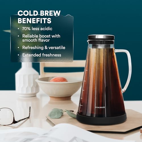 OVALWARE Airtight Cold Brew Iced Coffee Maker Pitcher (& Iced Tea Maker) with Spout – 1.5L/ 51oz Brewing Glass Carafe with Removable Stainless Steel Filter - size: 51 Ounces