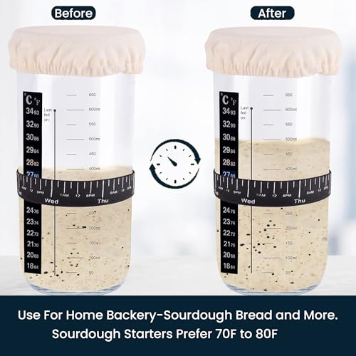 Upgraded Sourdough Starter Jar Kit –24 oz Glass Jar with Date Marked Feeding Band, Thermometer, Scraper, Cleaning Brush & Measuring Cups, Complete Bread Baking Supplies