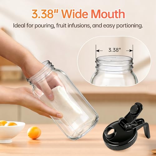 32oz Glass Pitcher with Lid & Spout – 1 Quart Mason Jars, Airtight & Leakproof Breastmilk Pitcher for Cold Brew Coffee, Sun Tea, Water, Juice – Wide Mouth, Fridge Safe - color: Black, size: 32 Ounces