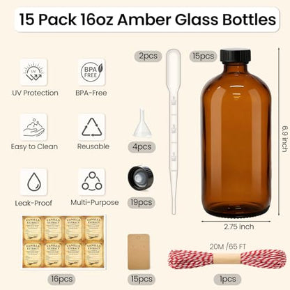 TBWIND 15 Pack 16oz Amber Glass Boston Round Bottles with Airtight Caps | Designed for Homemade Vanilla Extract, Kombucha, Syrups, Herbal Liquids & Tinctures with Droppers, Labels & Funnels - size: 16oz