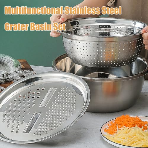 Germany Multifunctional Stainless Steel Basin, 3 in 1 Multifunctional Stainless Steel Basin Strainer Set, Kitchen Grater Set, Strainer and Drain Basket for Vegetables 11.02inch - color: 11.02inch