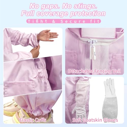 Pink Kids Bee Suit Bee Suits for Kids and Girl Full Body Kid Beekeeping Suit with Veil Hood and Glove Children Beekeeper Bee Costume 100% Cotton Skin Breathable for Family, Backyard, Gifts, Halloween