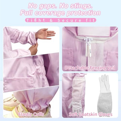 Pink Kids Bee Suit Bee Suits for Kids and Girl Full Body Kid Beekeeping Suit with Veil Hood and Glove Children Beekeeper Bee Costume 100% Cotton Skin Breathable for Family, Backyard, Gifts, Halloween
