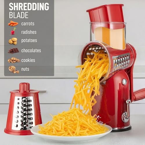 Zulay Kitchen Rotary Cheese Grater 5 Blade Cheese Shredder - Manual Hand Crank Cheese Grater With Reinforced Suction & 5 Interchangeable Drums - Easy to Use, Vegetable Chopper Round Mandoline Slicer - color: Classic | Red