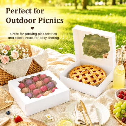 NPLUX 20 Pack Pie Boxes 10x10x3inch Bakery Boxes with Window Dessert Pastry Box for Pies,Cheesecakes and Chocolate Covered Strawberries, Graduation Gifts Party Favors(White) - color: White