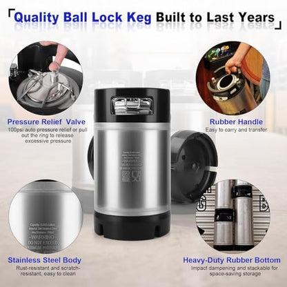 Corny Keg New 2.5 Gallon Ball Lock Keg, 304 Stainless Steel Cornelius Keg Beer Keg with Ball Lock Quick Disconnects & Ball Lock Keg Posts, 2.5 Gallon Keg with Dual Rubber Hanlde for Homebrew