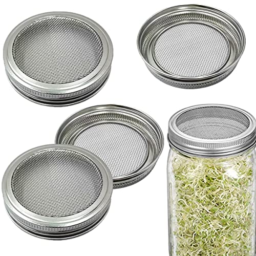 Sprouting Jar Lids WIDE MOUTH Mason Jar Strainer Lid 4 Pack Stainless Steel Strainer Mesh Sprouts Lids for Seed Sprouting Salad Sprouts Broccoli Sprouts Growing Kit