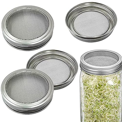 Sprouting Jar Lids WIDE MOUTH Mason Jar Strainer Lid 4 Pack Stainless Steel Strainer Mesh Sprouts Lids for Seed Sprouting Salad Sprouts Broccoli Sprouts Growing Kit