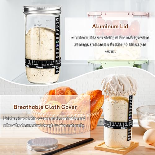 DWTS DANWEITESI Sourdough Starter Jar with Date Marked Feeding Band, Thermometer, Sourdough Fermentation Jar Scraper, Sewn Cloth Cover & Aluminum Lid, Sourdough Starter Kit Reusable(2pcs/24oz) - size: 24oz-2pcs