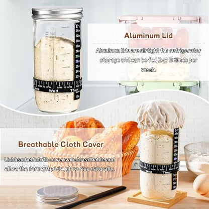 DWTS DANWEITESI Sourdough Starter Jar with Date Marked Feeding Band, Thermometer, Sourdough Fermentation Jar Scraper, Sewn Cloth Cover & Aluminum Lid, Sourdough Starter Kit Reusable(2pcs/24oz) - size: 24oz-2pcs