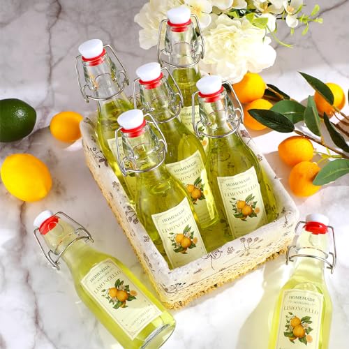 Havawish 12 Sets Limoncello Swing Top Glass Bottles for Homemade 8 oz Flip Clear Top Lemoncello Bottles with Labels Stoppers for Home Brewing Gifts Wedding Lemon Italian Summer Party Favors(Round) - style: Round