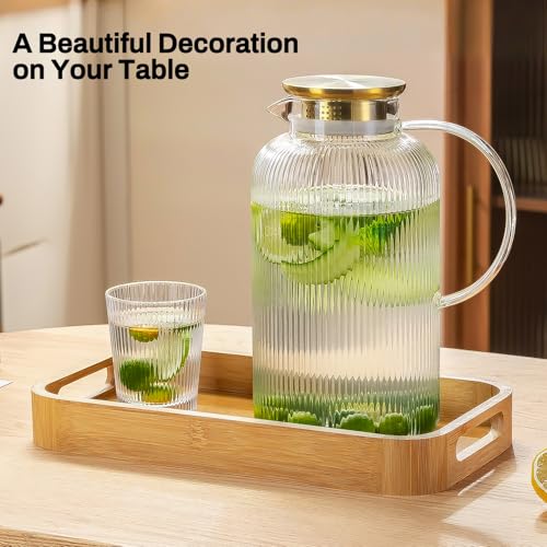 Buaic Glass Pitcher with Lid, 100 oz/ 3 Liter Classic Vertical Stripes Water Pitcher,Glass Water Carafe for Cold Brew, Coffee, Lemonade, Iced Sun Tea,Beverage, Milk, Heat Resistant - color: Clear, size: 100 Ounces