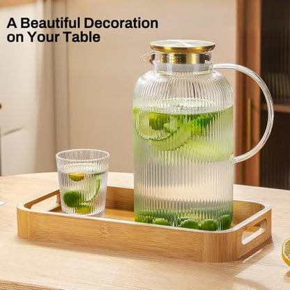 Buaic Glass Pitcher with Lid, 100 oz/ 3 Liter Classic Vertical Stripes Water Pitcher,Glass Water Carafe for Cold Brew, Coffee, Lemonade, Iced Sun Tea,Beverage, Milk, Heat Resistant - color: Clear, size: 100 Ounces