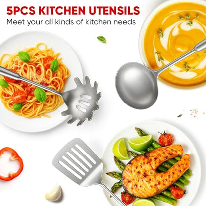 5 Pcs Newness Cooking Utensils Set, 304 Stainless Steel Kitchen Utensils Set, Metal Kitchen Accessories, Include Soup Ladle, Slotted Skimmer Spoon, Spaghetti Spoon and Spatula, Dishwasher Safe - size: 5 PCS Cooking Utensils Set