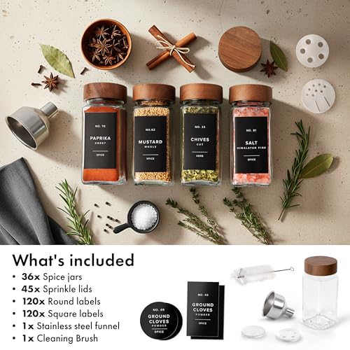 EDELHAUS Glass Spice Jars with Label, 36x Acacia Wooden Lids - Black Labels | Airtight acacia lids keep spices fresh; use as a spice organizer, seasoning containers or 4 oz jar set; funnel & 240 labels - color: 36x Acacia Jars Black Stickers